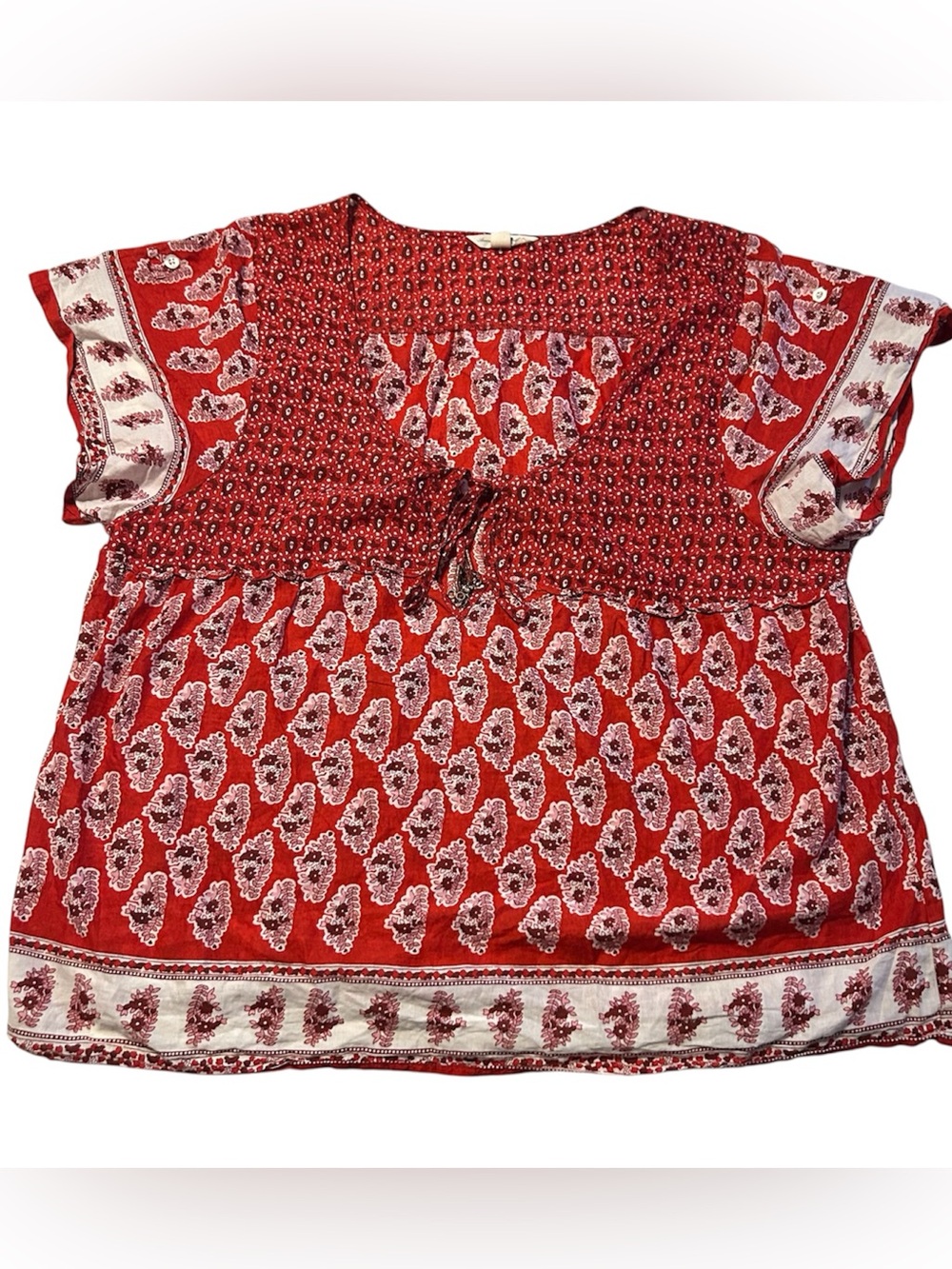 American Eagle Boho Peasant Top XL Red Paisley Floral Tie Front Festival